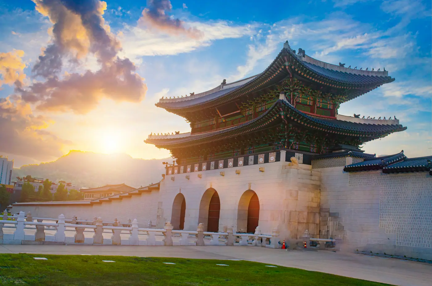 Gyeongbokgung Palace gate in Seoul at sunset